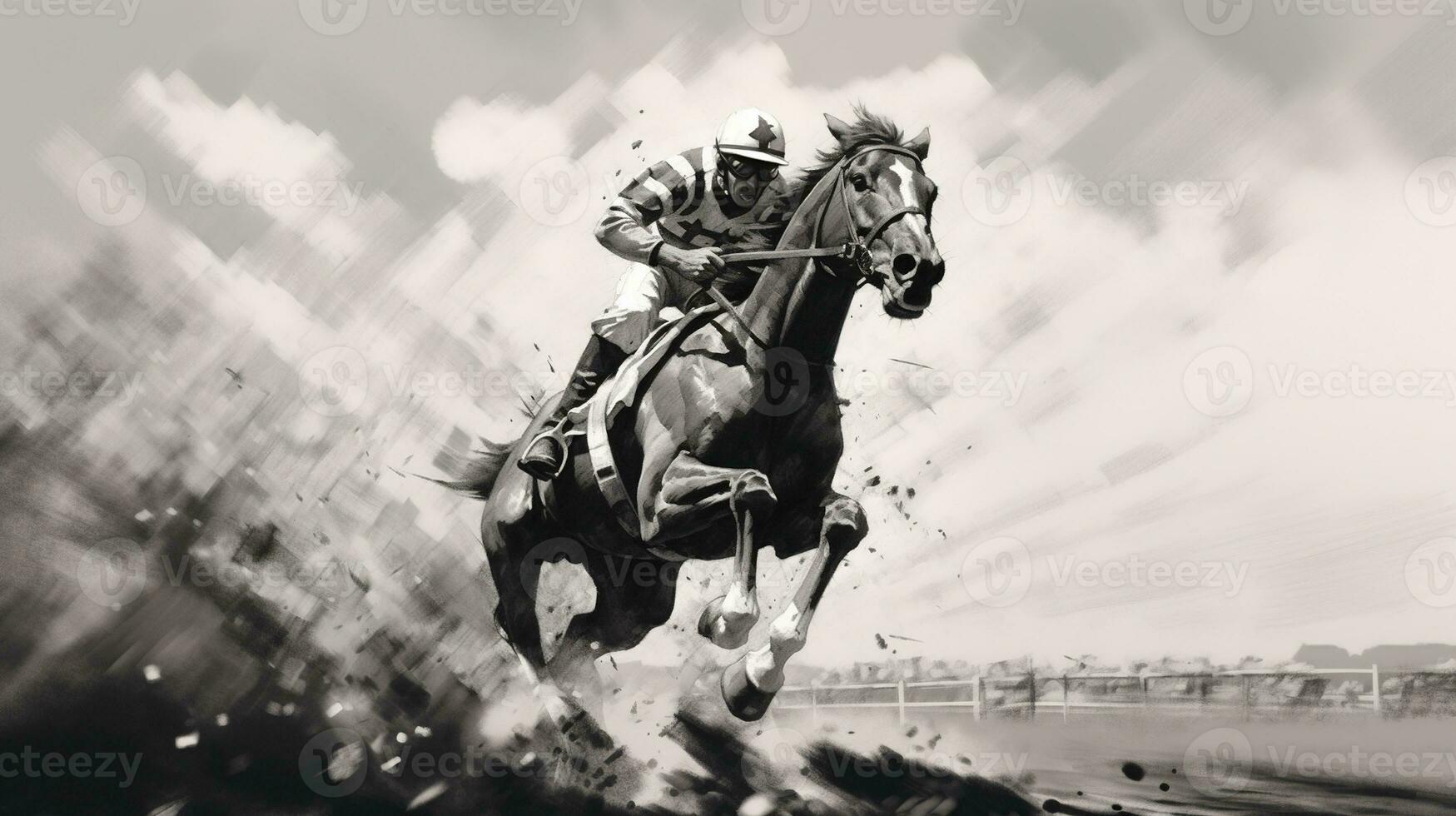 Generative AI, Ink painted racing horse with jockey, equestrian sport, monochrome illustration photo