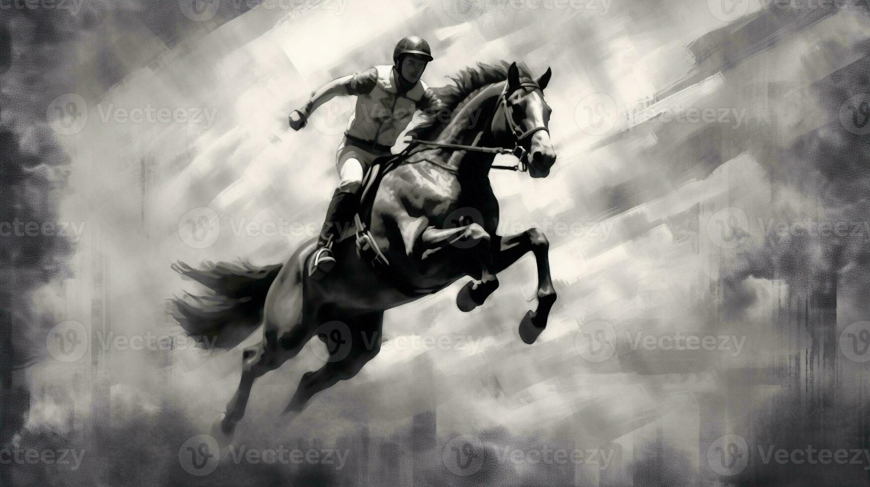 generativo ai, tinta pintado carreras caballo con jockey, ecuestre deporte, monocromo ilustración foto