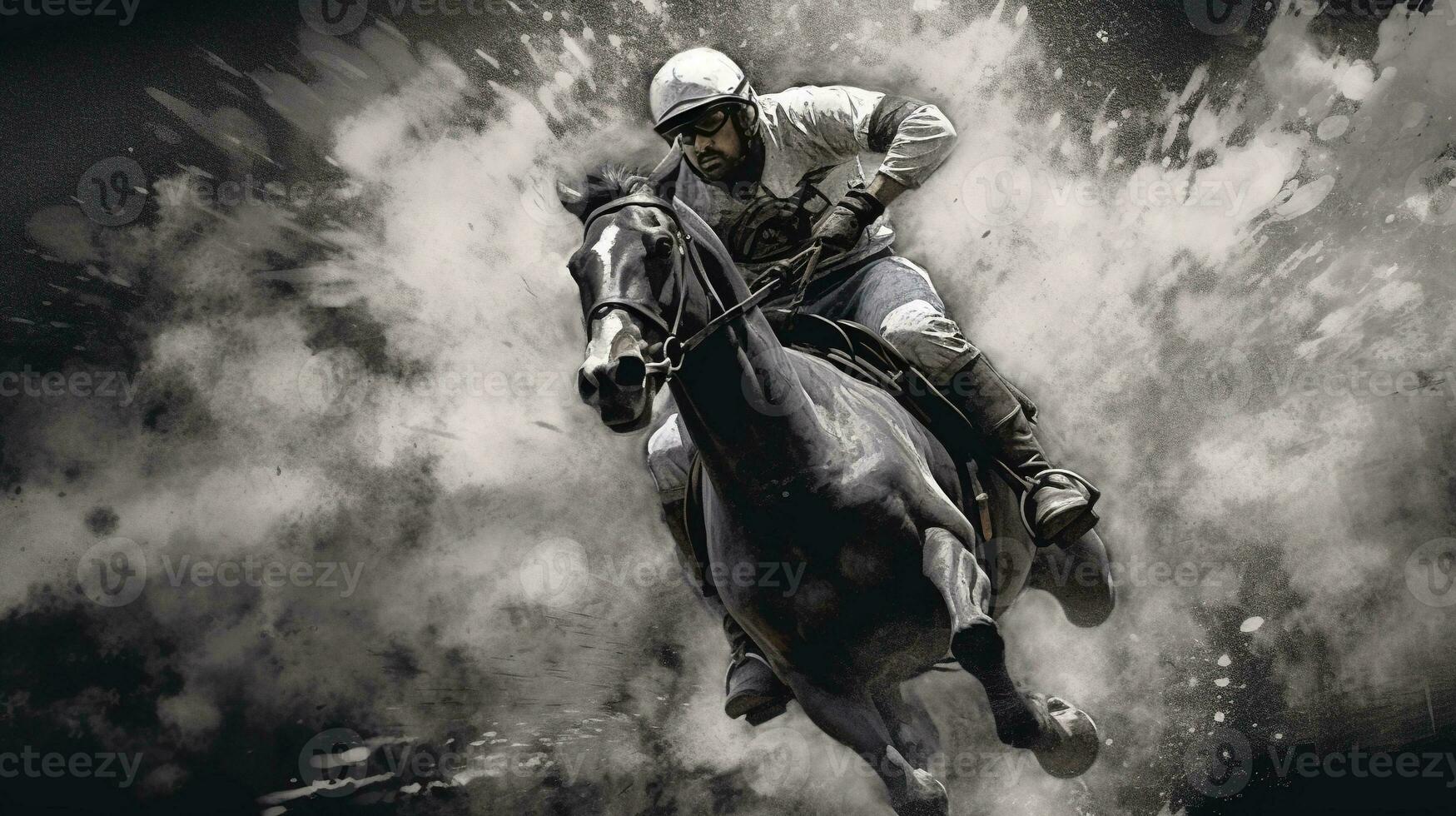 generativo ai, tinta pintado carreras caballo con jockey, ecuestre deporte, monocromo ilustración foto