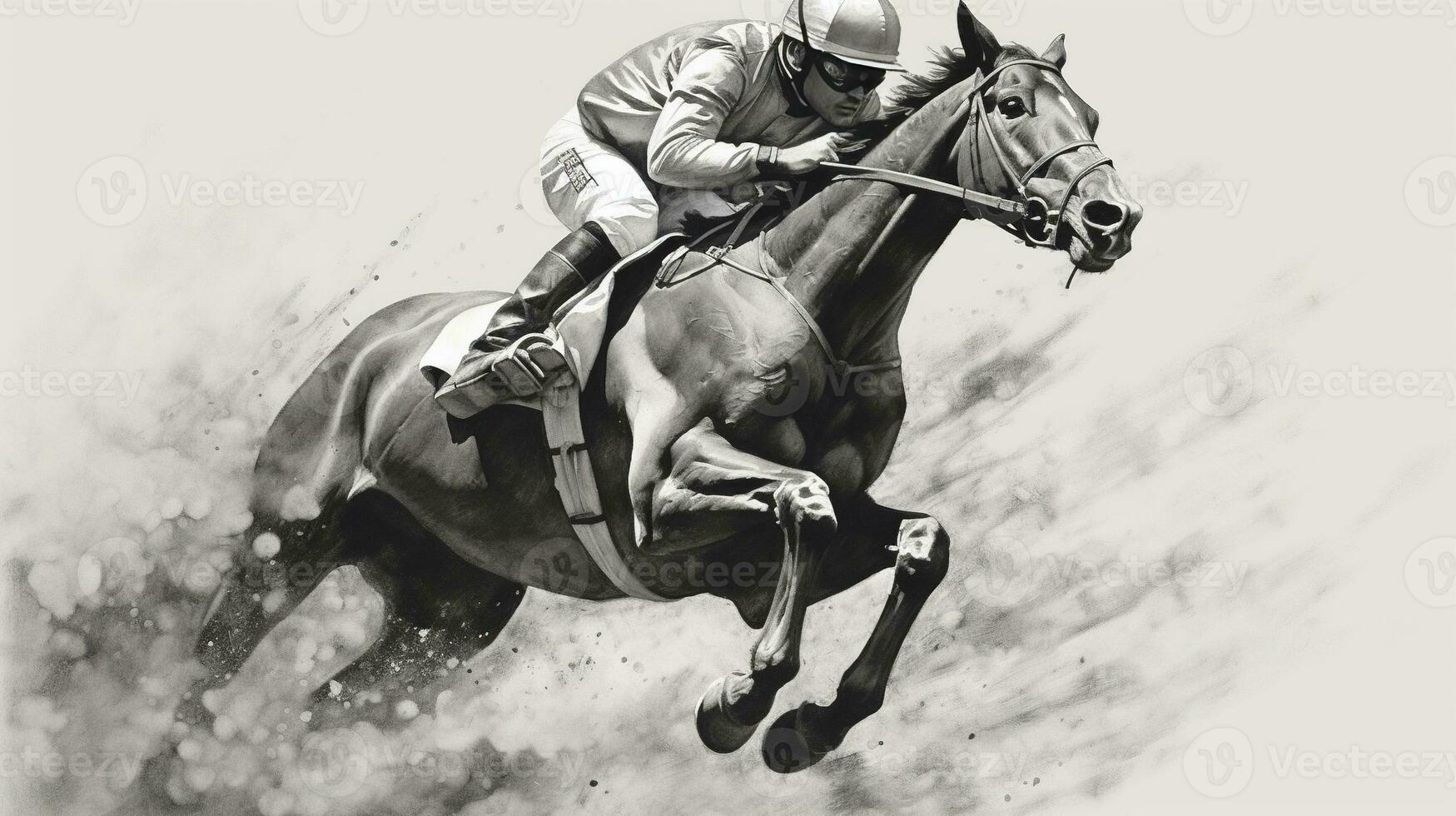 generativo ai, tinta pintado carreras caballo con jockey, ecuestre deporte, monocromo ilustración foto