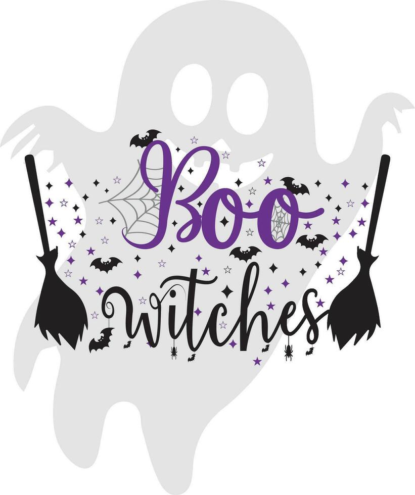 Boo witches - Witch hat , broom, bats and stars. Good for T shirt, poster, card, label, mug and other decoration for Halloween. Ready to print. White background isolated. vector