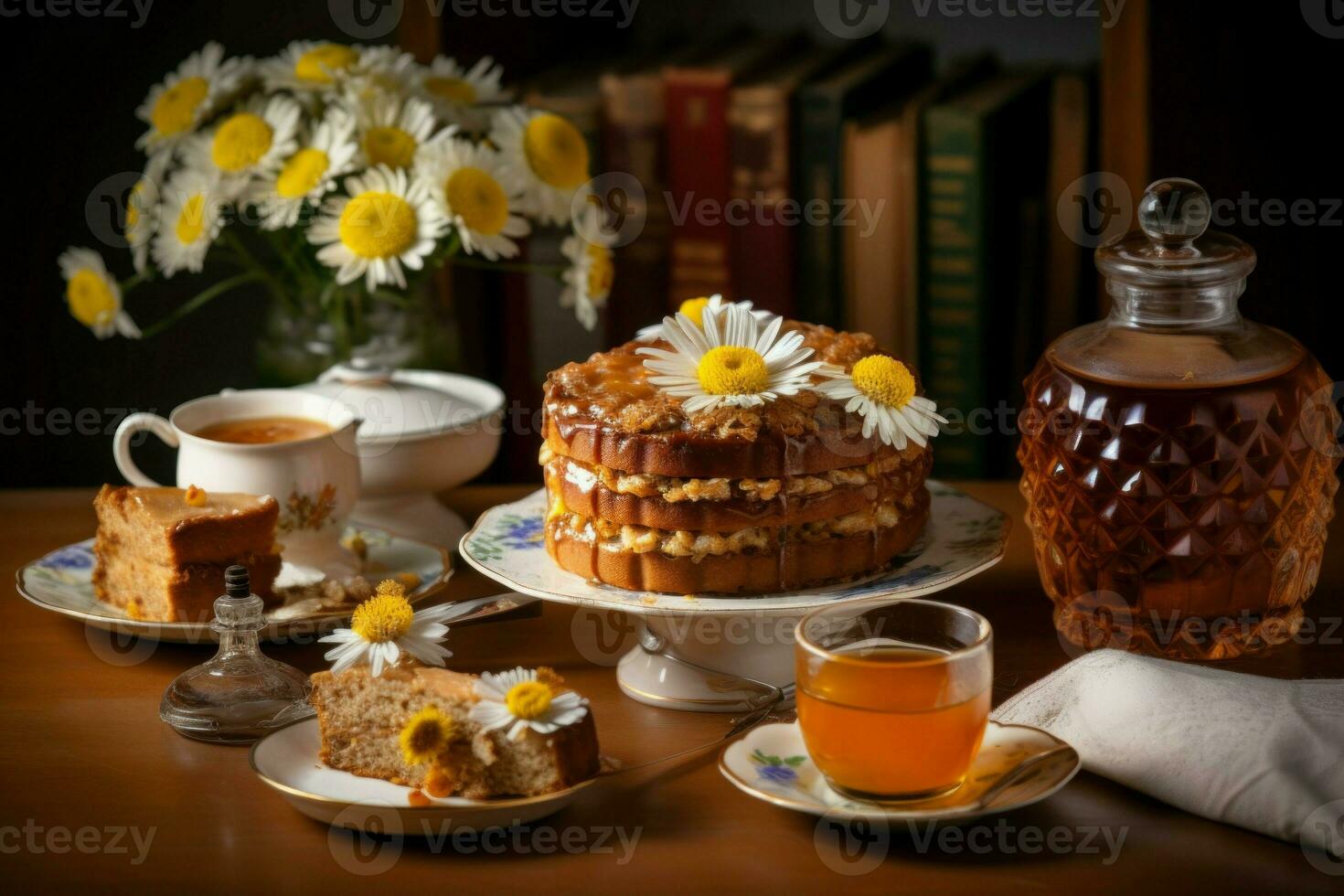 Tea table cake honey. Generate Ai photo