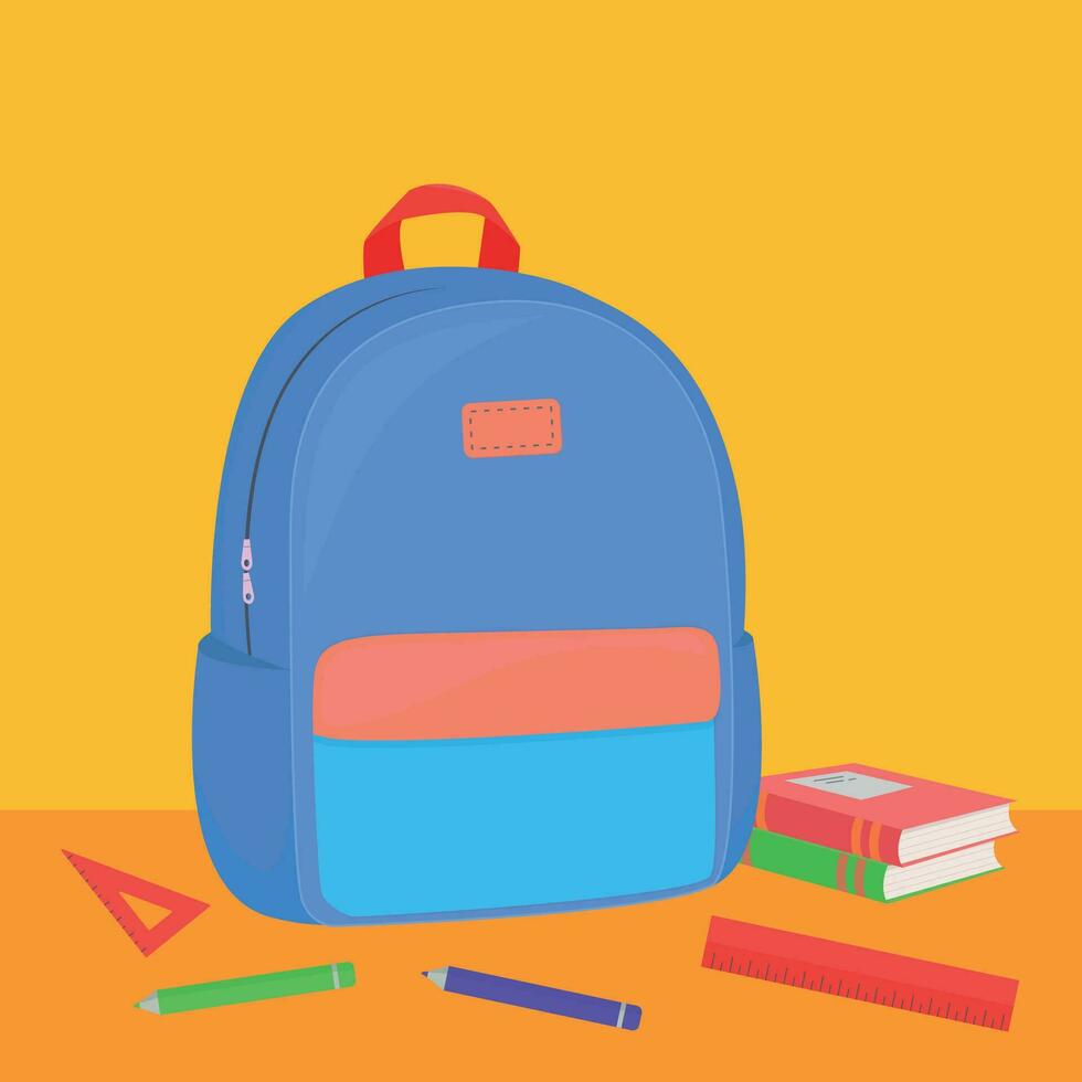 colegio mochila o bolsa para la escuela con estacionario, libros de texto, vector ilustración