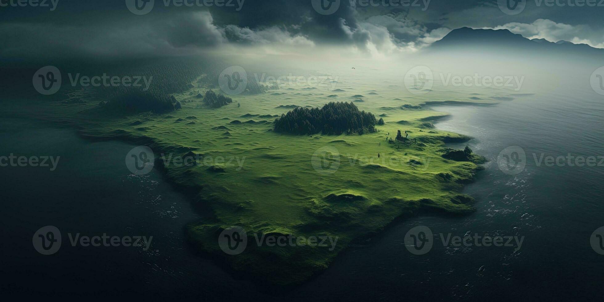 Generative AI, scenic green hills in the clouds, beautiful nature landscape aerial panorama, mountains, aerial photography photo