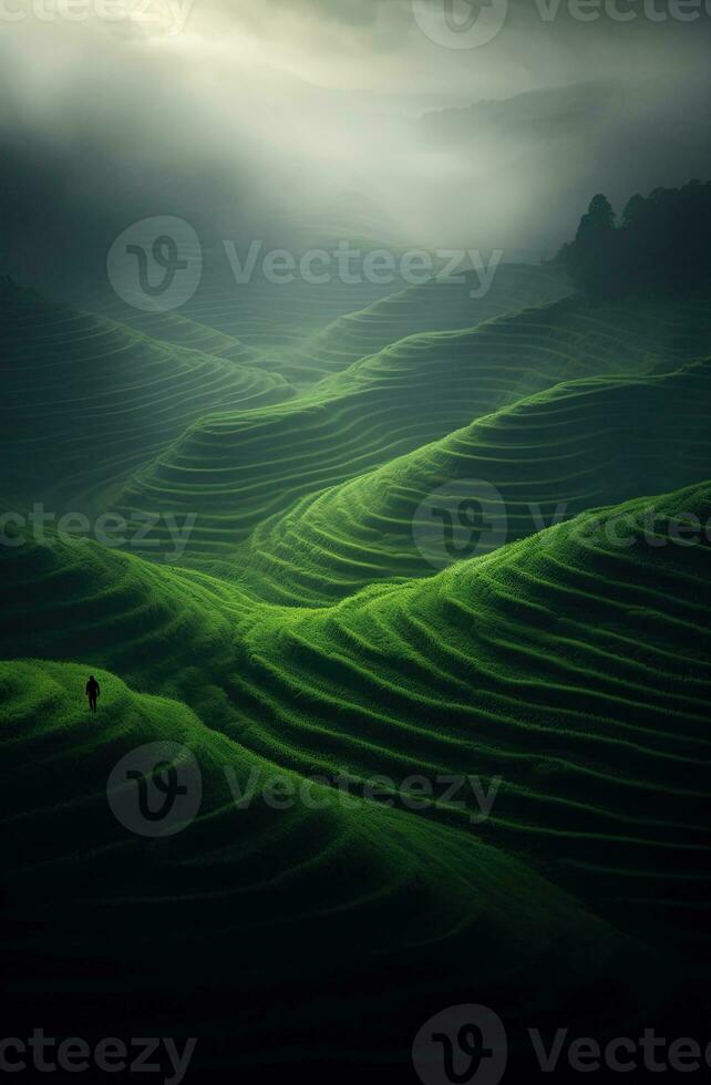 Generative AI, scenic green hills in the clouds, beautiful nature landscape aerial panorama, mountains, aerial photography photo
