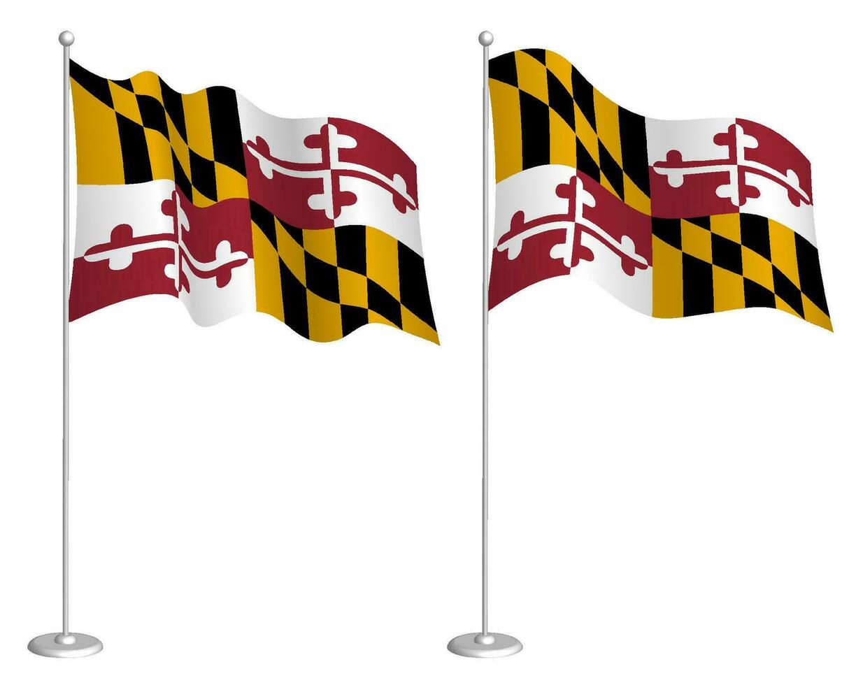 flag of american state of Maryland on flagpole waving in wind. Holiday design element. Checkpoint for map symbols. Isolated vector on white background