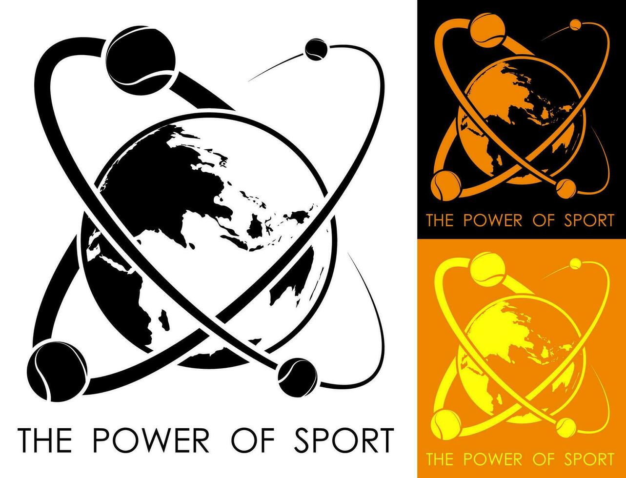 tennis balls revolve around planet earth in form of atom. Power and energy of sport. Sport competition emblem. Vector