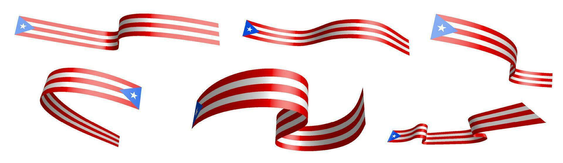 Set of holiday ribbons. Flag of Puerto Rico waving in wind. Separation into lower and upper layers. Design element. Vector on white background