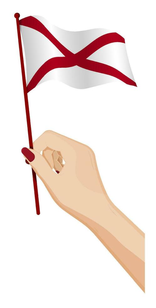 Female hand gently holds small flag of american state of Alabama. Holiday design element. Cartoon vector on white background