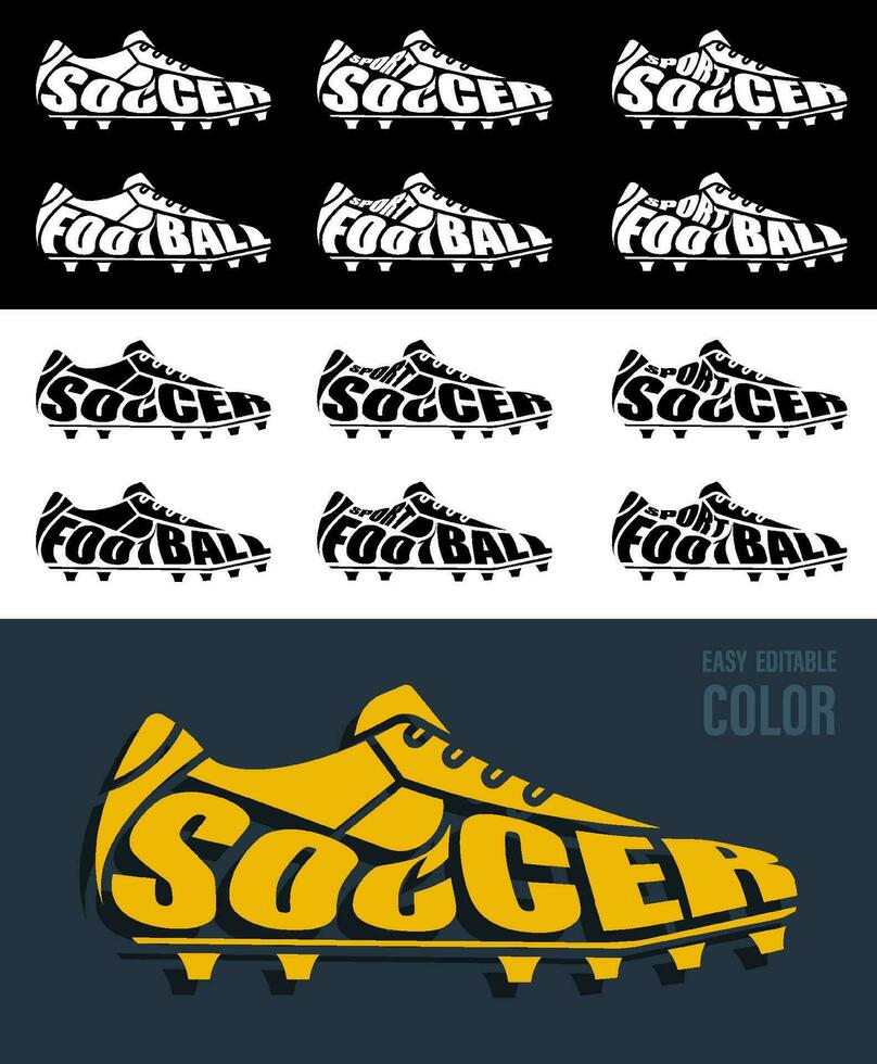 volumétrico letras con nombre fútbol y fútbol americano en antecedentes de Deportes bota, claveteado zapatilla de deporte elemento para impresión y diseño de Deportes competiciones aislado vector