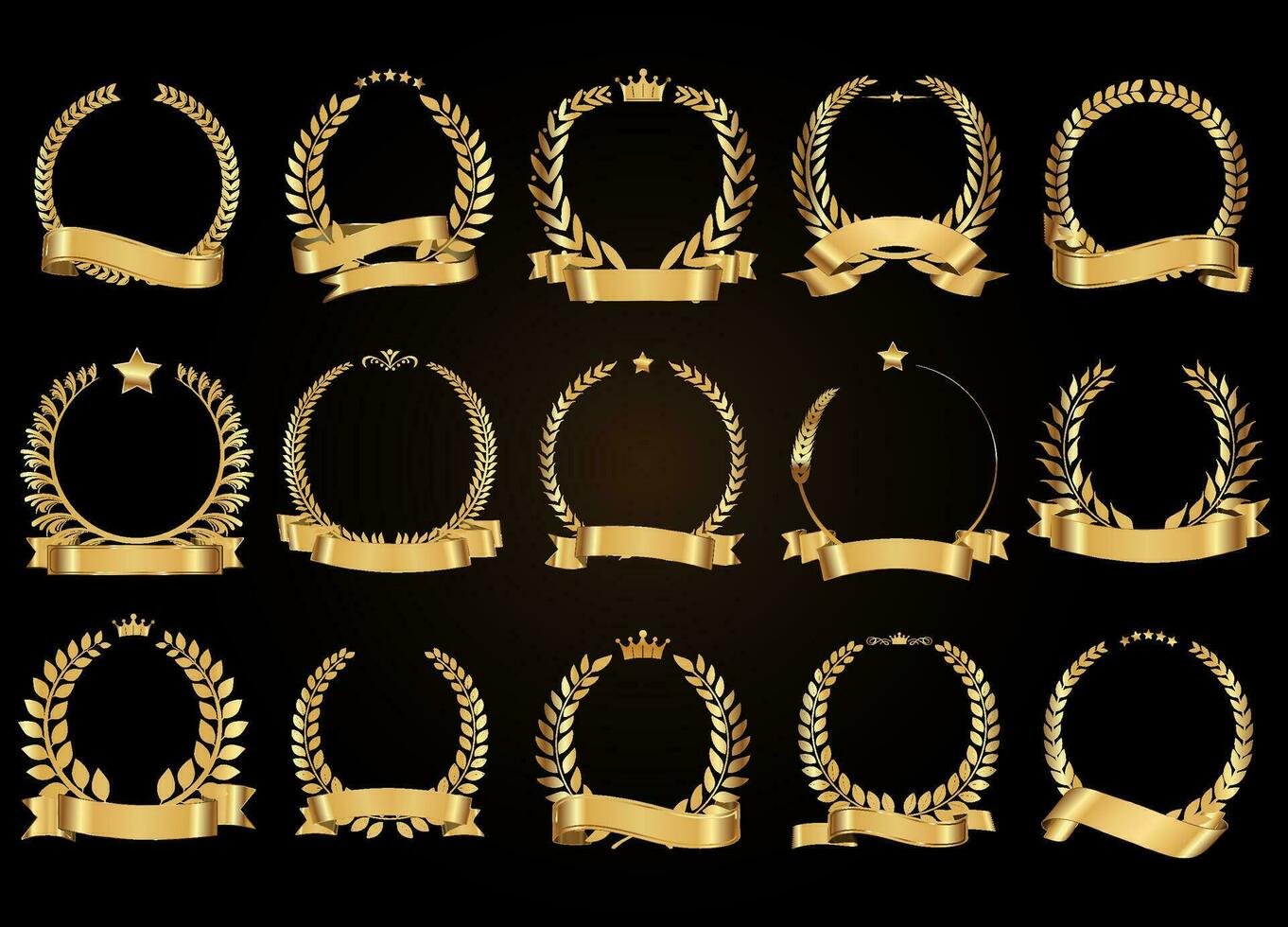 Collection of Golden laurel wreath with golden ribbons vector illustration