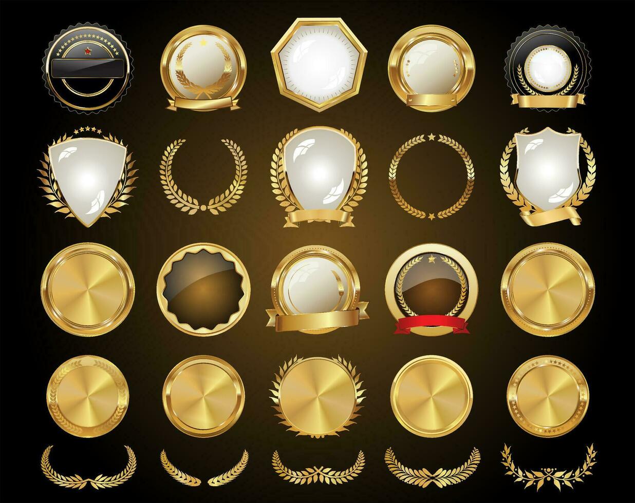 Vector medieval golden shields laurel wreaths and badges collection