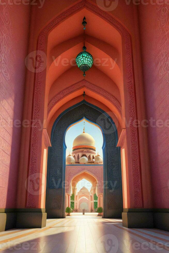 el Entrada a un mezquita con un azul piso ai generado foto