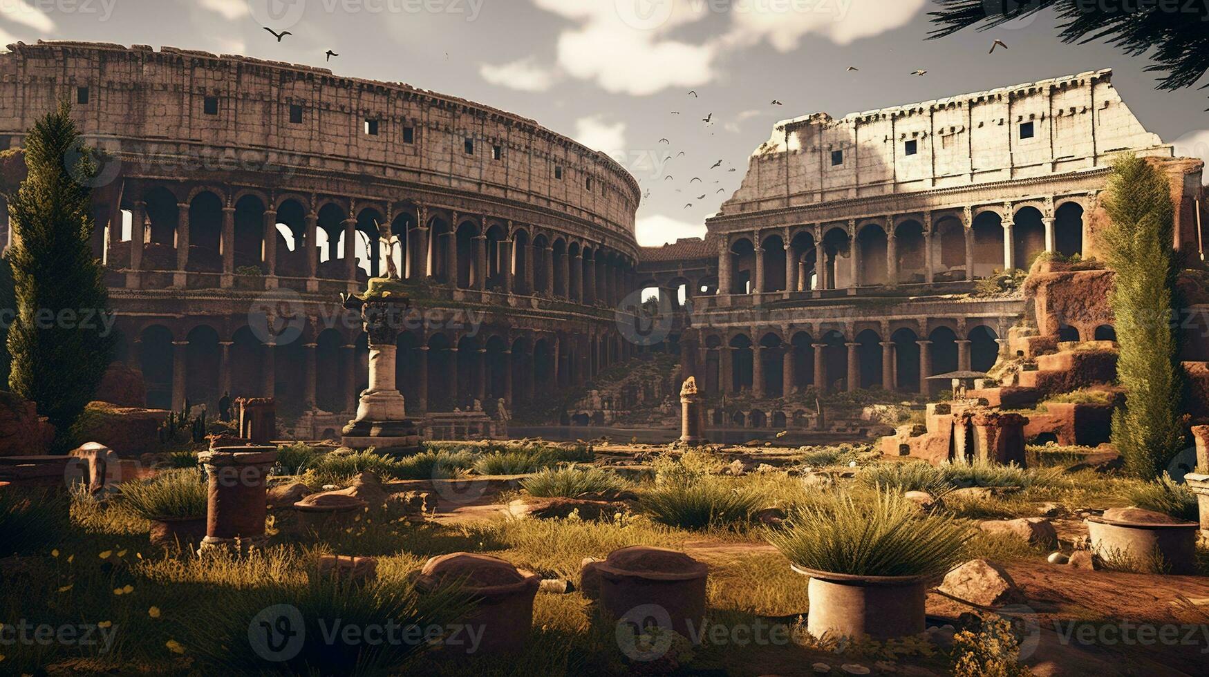Generative AI, Italian antique structures with columns and archs, roman town, architectural landmark photo
