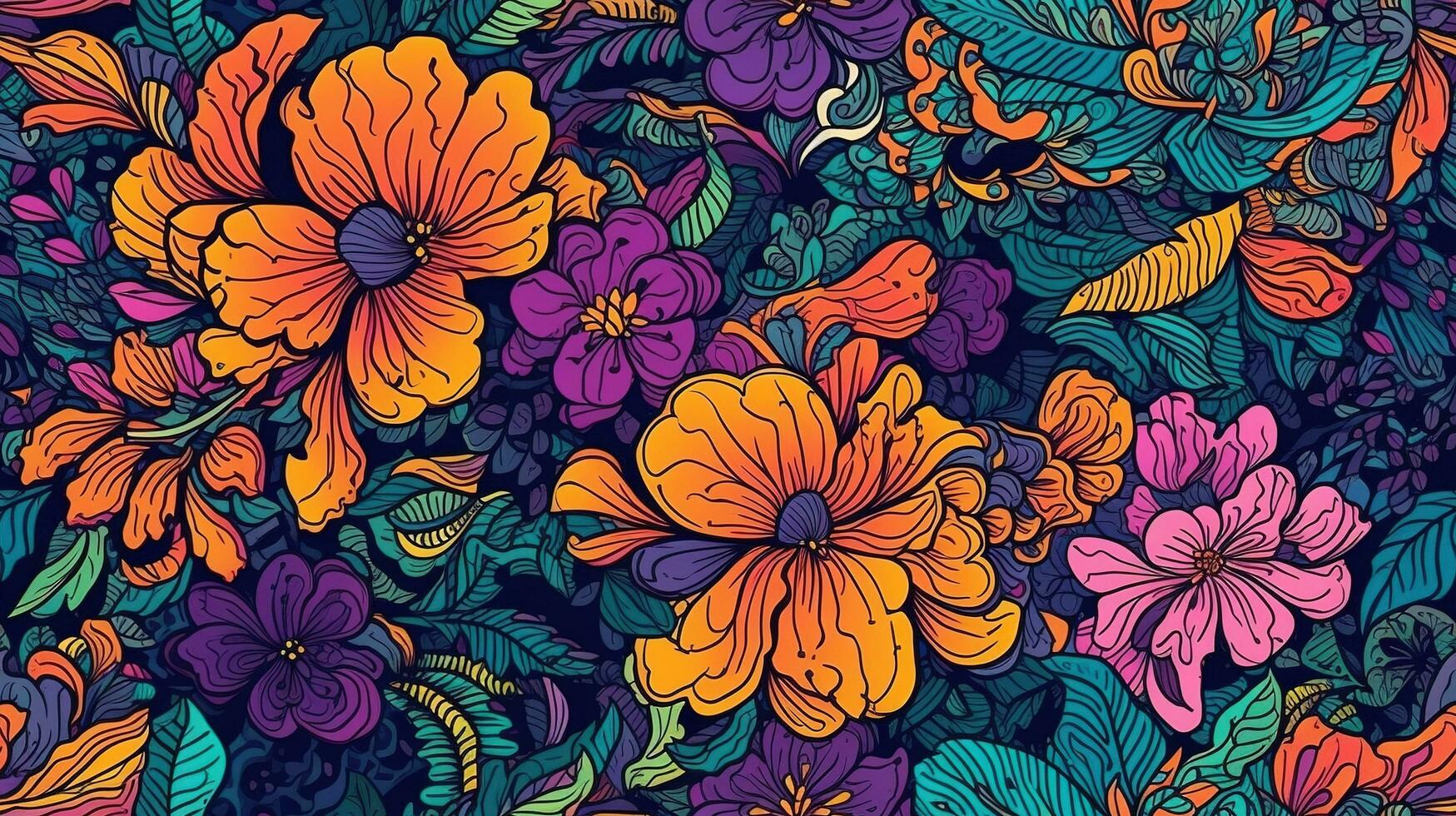 Generative AI, Floral colorful seamless pattern. Lisa Frank and James Jean inspired natural plants and flowers background, Psychedelic illustration. Foliage ornament. photo