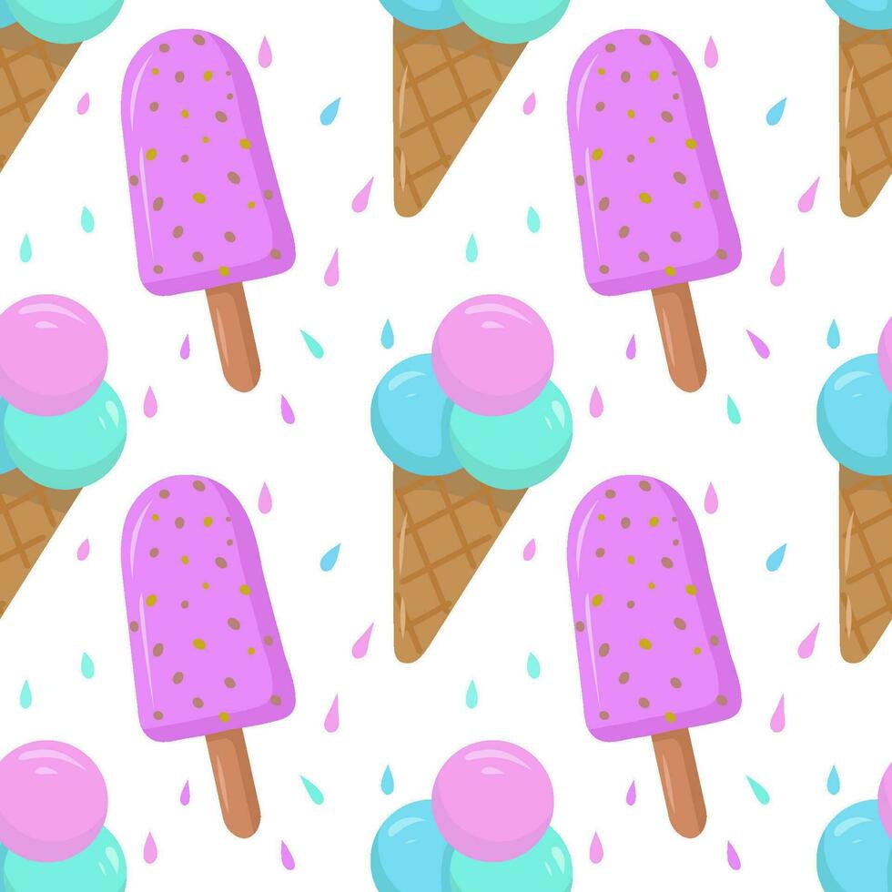 Seamless pattern with colored cartoon ice cream highlighted on a white background. Vector seamless pattern with ice cream. Bright and juicy, seamless pattern.