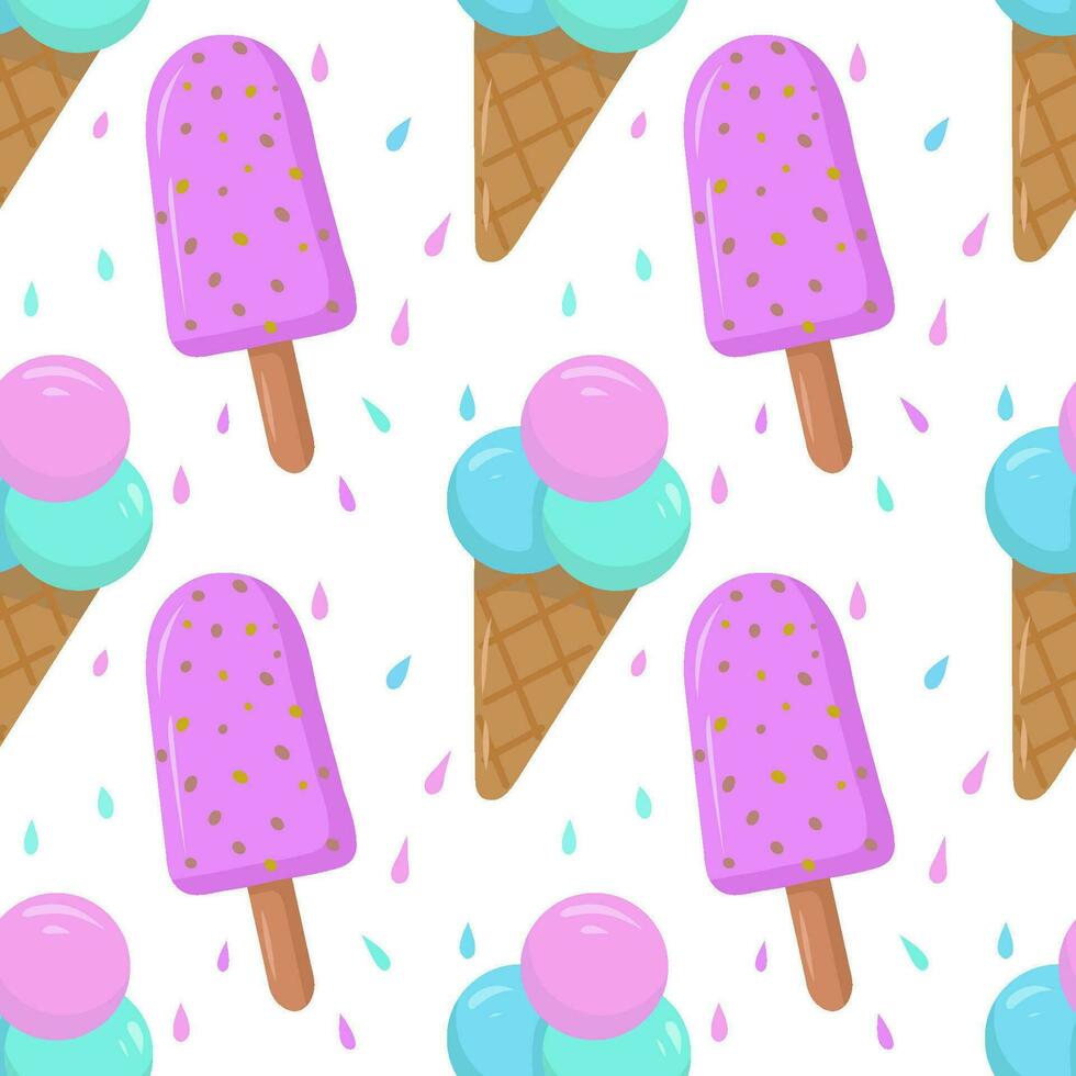 Seamless pattern with colored cartoon ice cream highlighted on a white background. Vector seamless pattern with ice cream. Bright and juicy, seamless pattern.