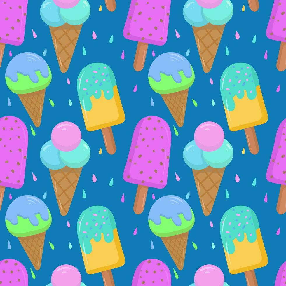 Seamless pattern with colored cartoon ice cream, on a blue background. Vector seamless pattern with ice cream. Bright and juicy, seamless pattern.