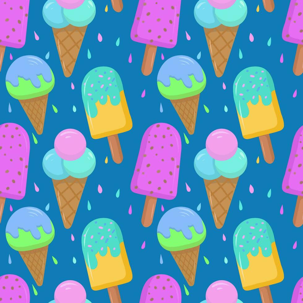 Seamless pattern with colored cartoon ice cream, on a blue background. Vector seamless pattern with ice cream. Bright and juicy, seamless pattern.