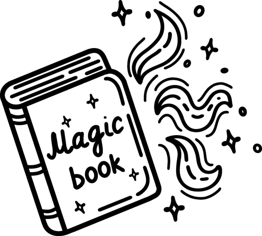 un libro acerca de magia y hechizos en un blanco fondo.negro y blanco ilustración de un libro de brujería para un mago, elementos para un colegio de magia. colorante libro para niños. vector ilustración