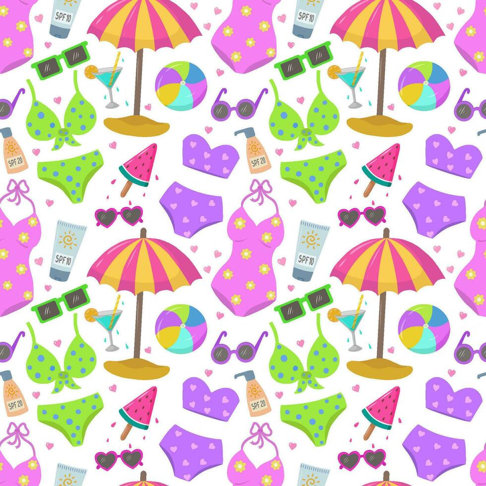 Beautiful summer background on a beach theme. Pattern with women's swimwear, bikinis, sunglasses, palm trees, ball, umbrella, sunscreen,cocktails and ice cream.  Vector illustration.