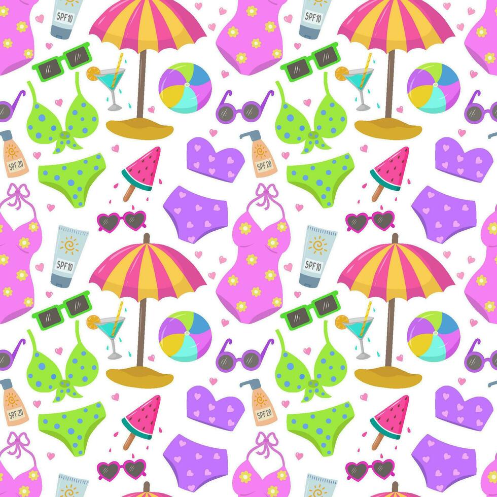 Beautiful summer background on a beach theme. Pattern with women's swimwear, bikinis, sunglasses, palm trees, ball, umbrella, sunscreen,cocktails and ice cream.  Vector illustration.