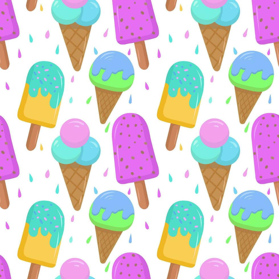 Seamless pattern with colored cartoon ice cream highlighted on a white background. Vector seamless pattern with ice cream. Bright and juicy, seamless pattern.