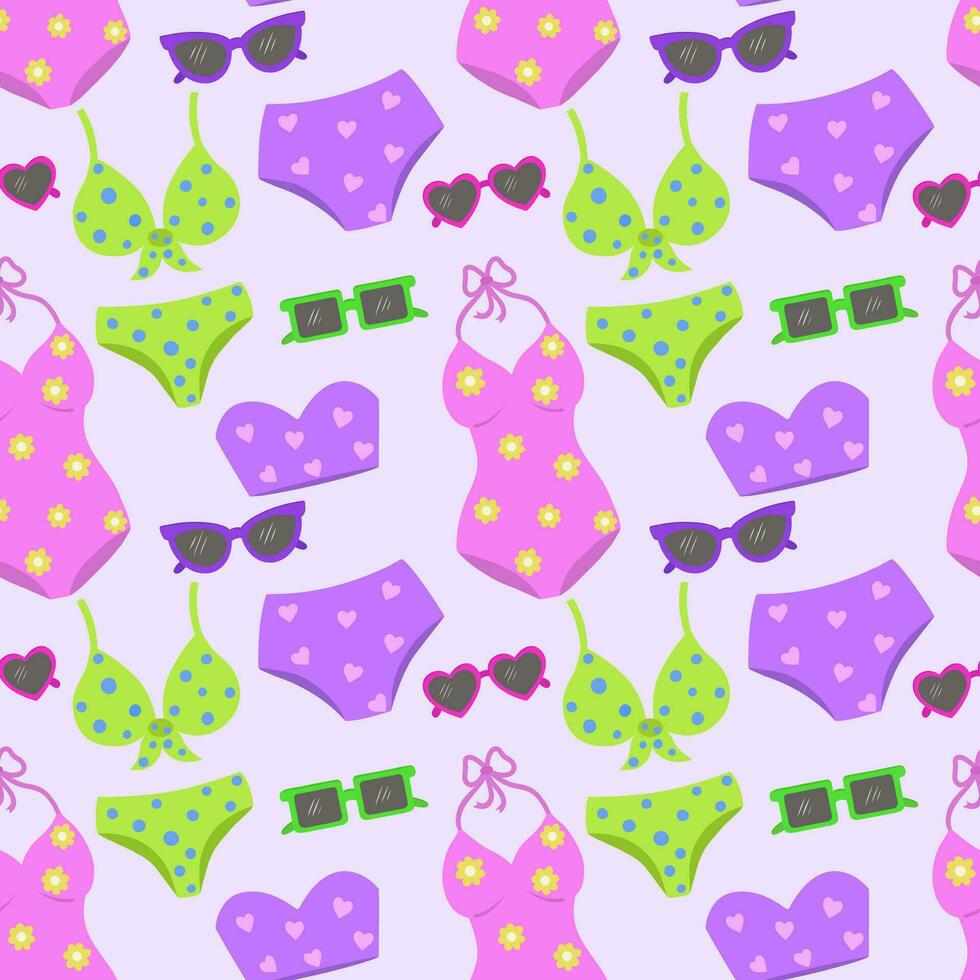 Vector seamless pattern with swimwear and sunglasses. Fashionable background in a nautical style. Marine and summer illustration.