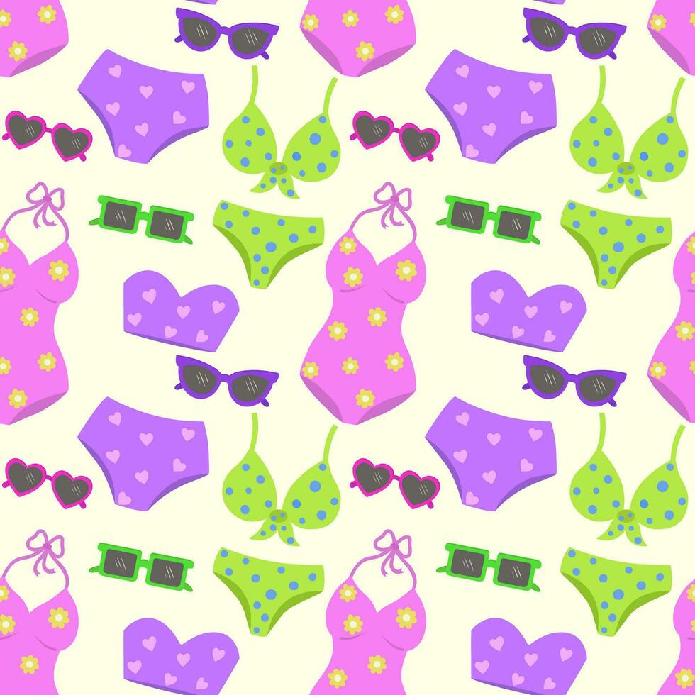 Vector seamless pattern with swimwear and sunglasses. Fashionable background in a nautical style. Marine and summer illustration.