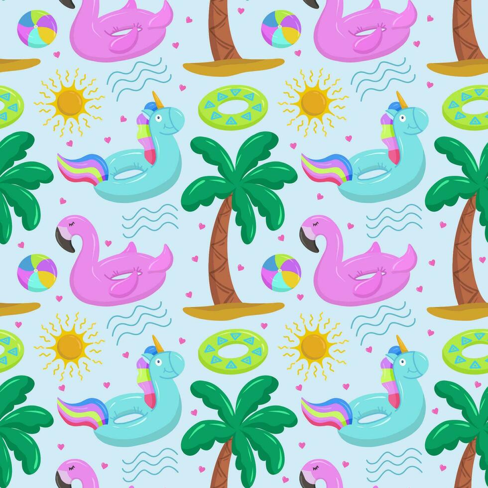 Various items for the beach and recreation.  Inflatable swimming circle with blue unicorn, flamingo, palm tree, sun and waves. Seamless vector pattern on summer and marine themes.