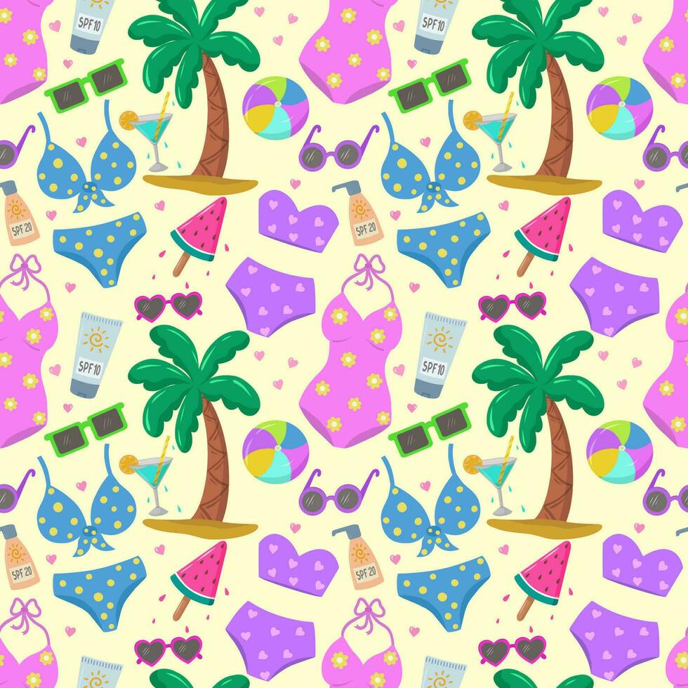 Beautiful summer background with beachwear. A pattern with women's swimwear, bikinis, sunglasses, palm trees, a ball, cocktails and ice cream.  Vector illustration.