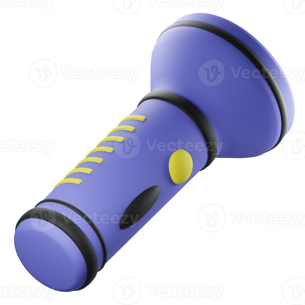 3D rendering of battery operated blue camping flashlight, torch. Gear and equipment for hiking and travel. Realistic PNG illustration isolated on transparent background