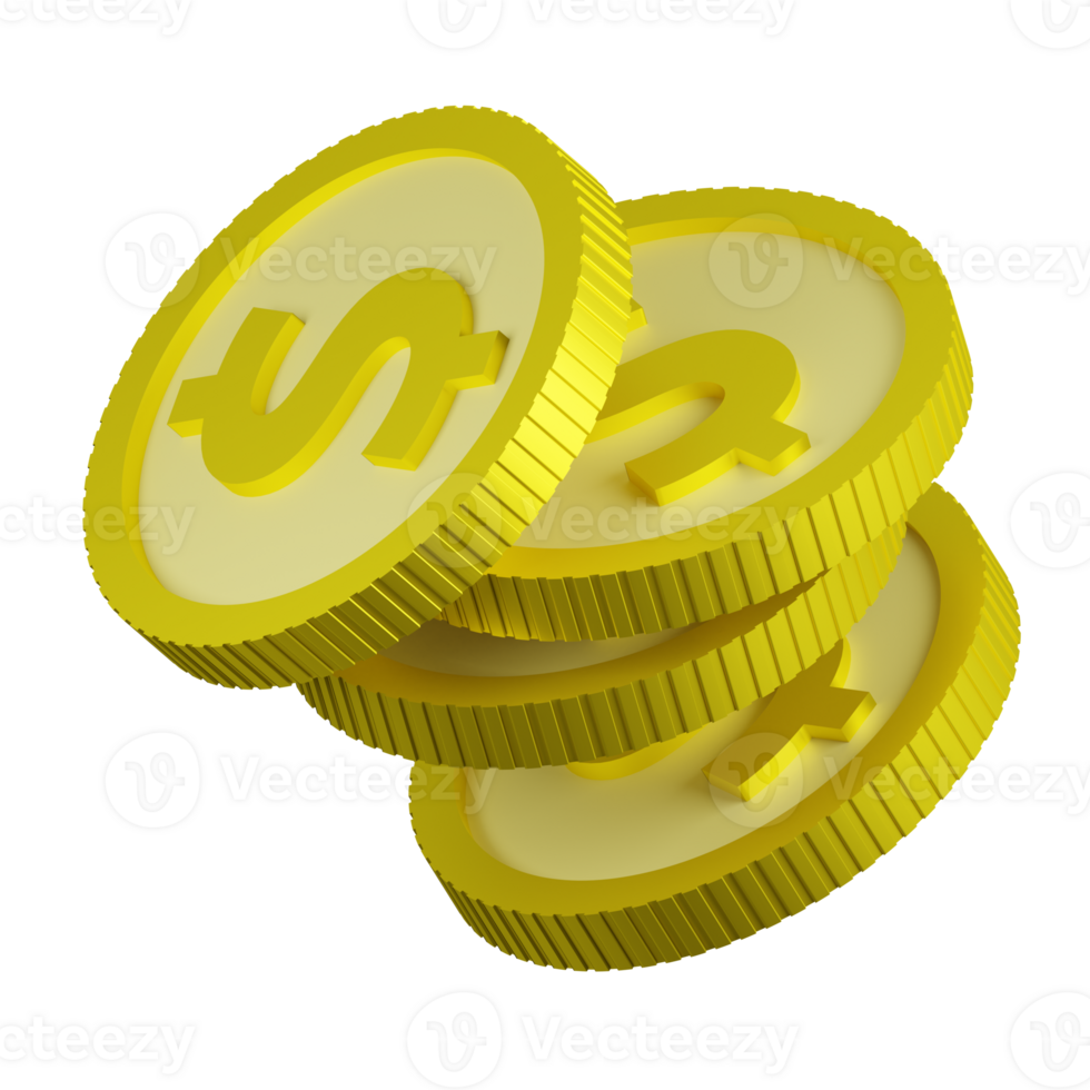 3D rendering of flying falling gold coins with sign of American dollar. Symbol of Success, wealth, income. Realistic PNG illustration isolated on transparent background