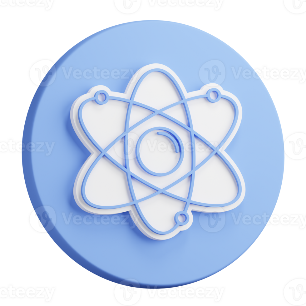 3D rendering of Atom icon. Electrons revolve around proton in orbits. School education in physics. Nuclear power. Realistic blue white PNG illustration isolated on transparent background