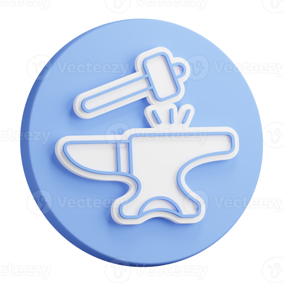 3D button rendering of hammer hits the anvil. Blacksmith craft, production of metal products. Realistic blue white PNG illustration isolated on transparent background