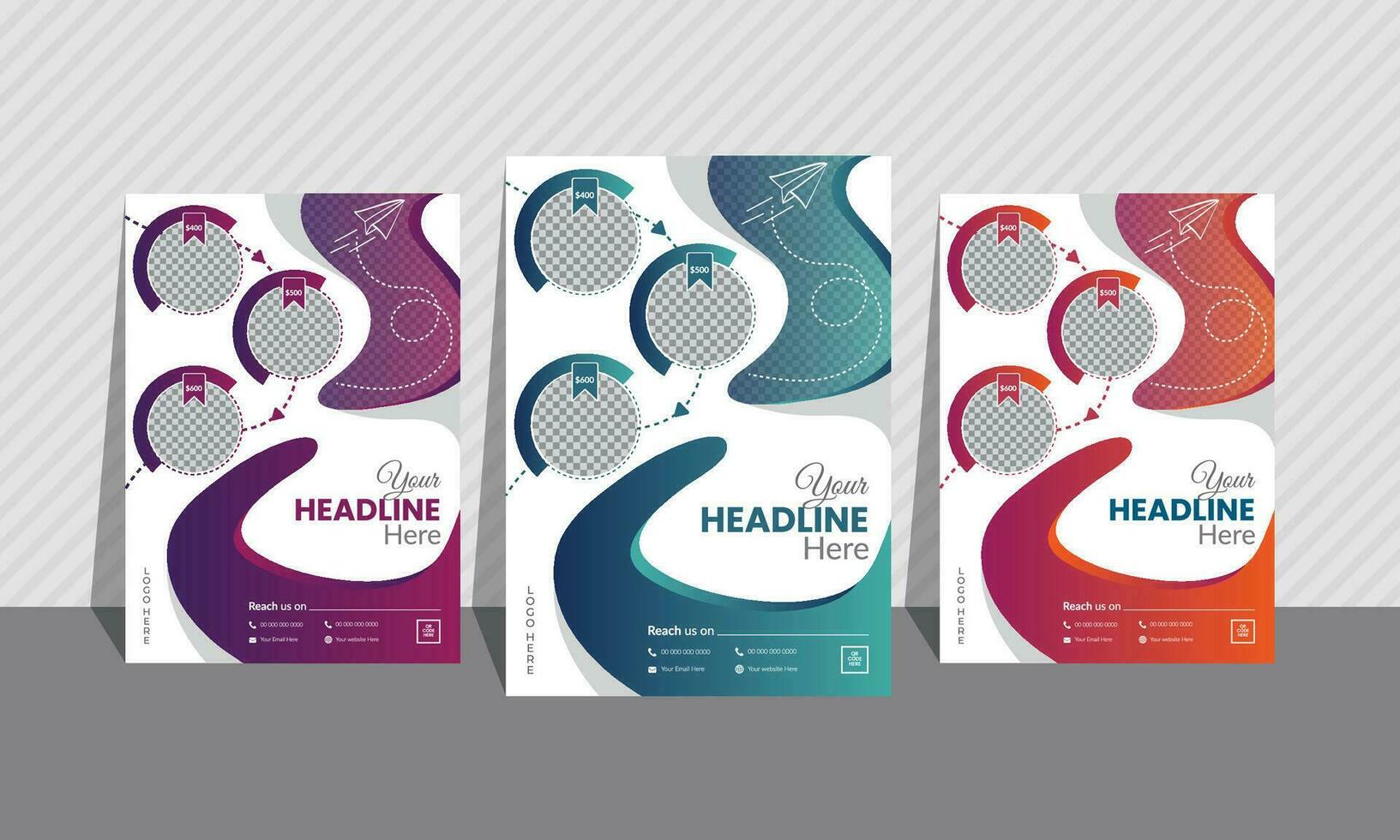 Travel and multipurpose flyer bundle of 3 gradient colors. Most unique curvy and geometric shapes, background image, and layout.A4 size. Pink, purple, green, ocean blue, orange. vector