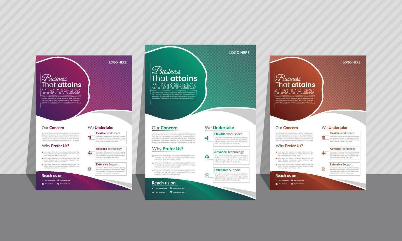 Corporate and multipurpose  flyer set of 3 gradient colors. Most unique curvy and geometric shapes and layout.A4 size. vector