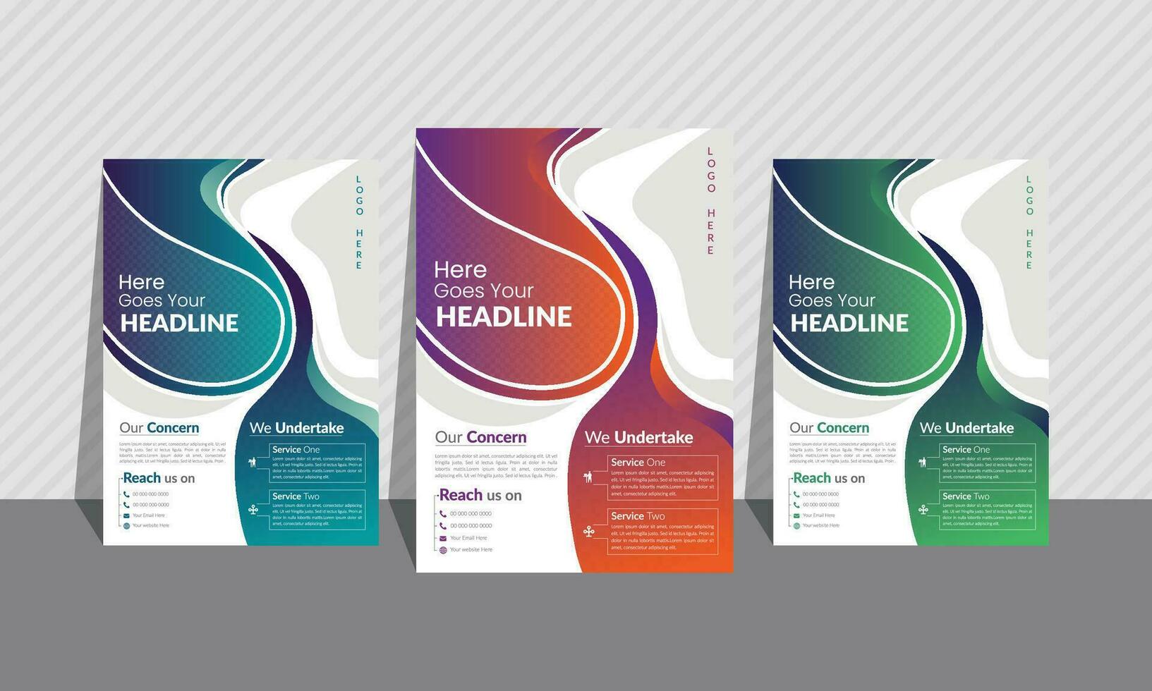 Corporate and multipurpose flyer set of 3 colors. Most unique curvy and 3d  shapes, background image, and layout.A4 size. Green, ocean blue, blue, orange, pink color set. vector