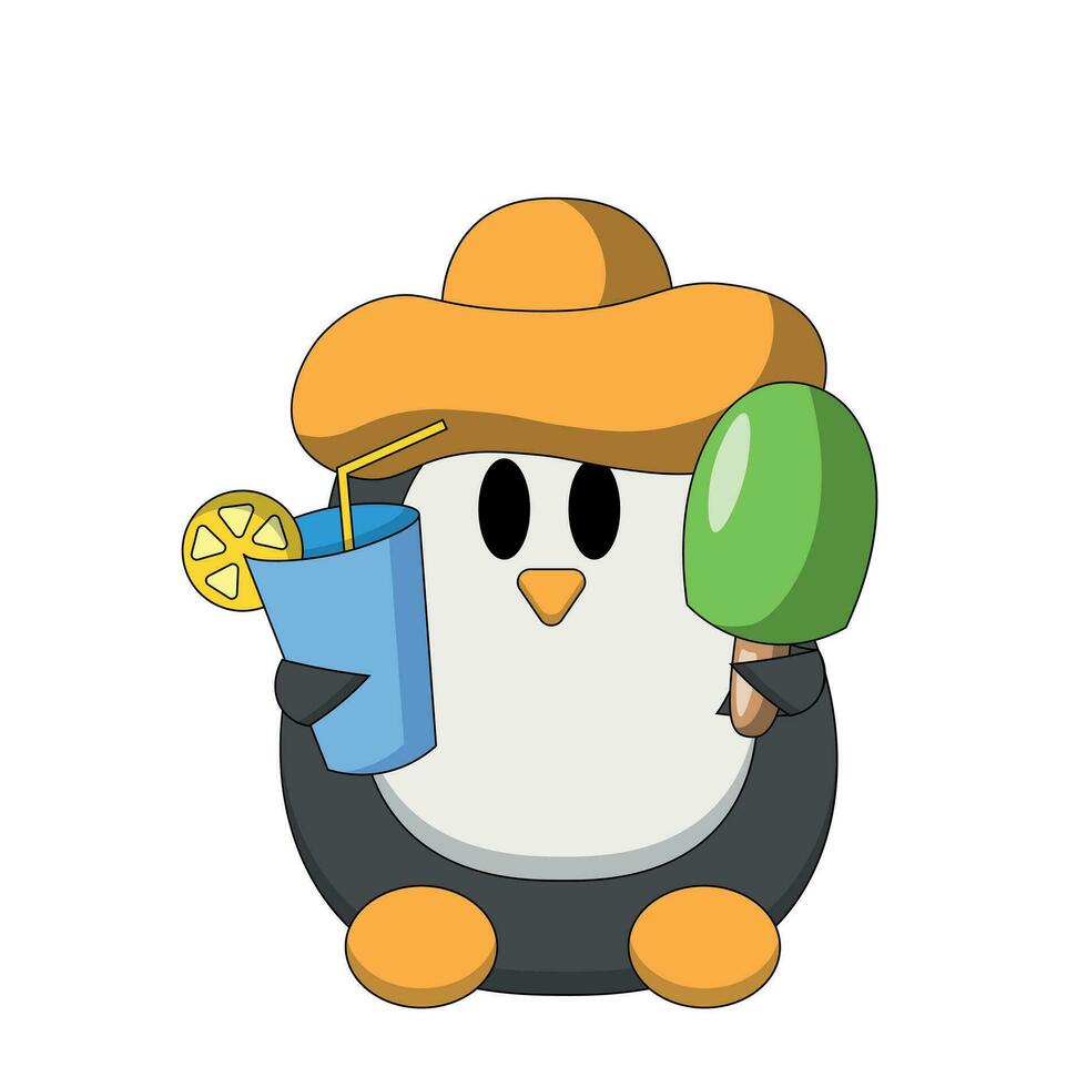 Cute summer Penguin wit ice cream and cocktail in color vector