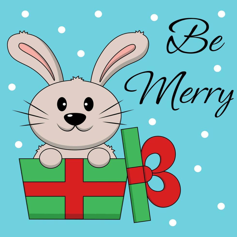 Christmas greeting postcard with character Rabbit in gift box vector