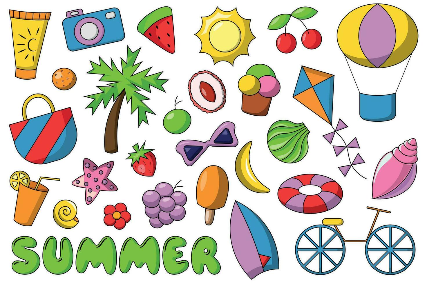 Cartoon set of summer elements in color vector