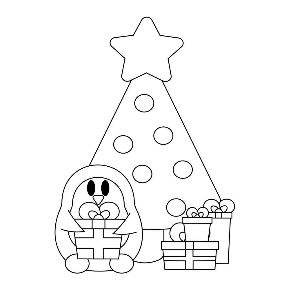 linda dibujos animados pingüino con Navidad árbol y regalo caja en negro y blanco vector