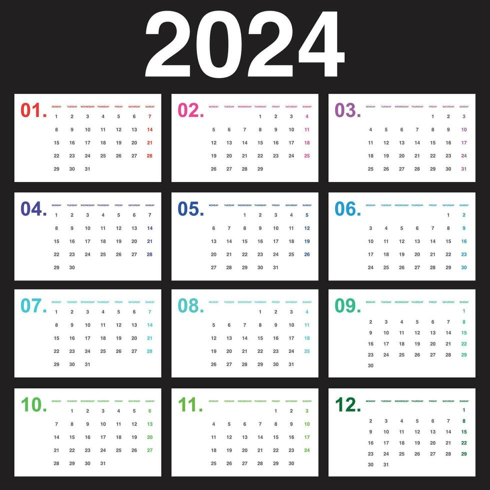 2024 minimalistic calendar start on monday vector