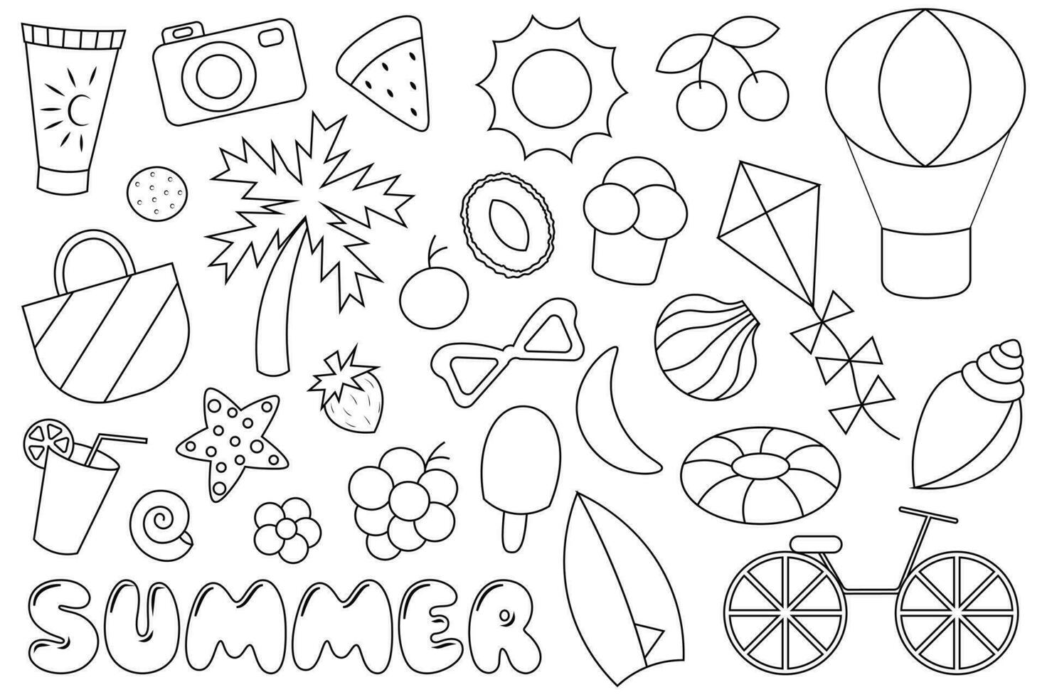 Cartoon set of summer elements in black and white vector