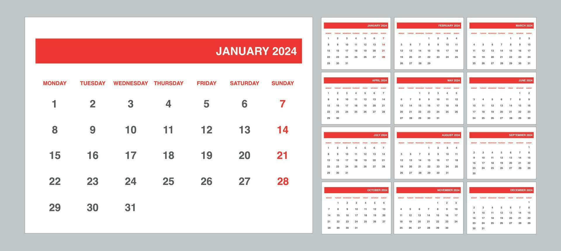 Desk Calendar Planner 2024 start from monday vector