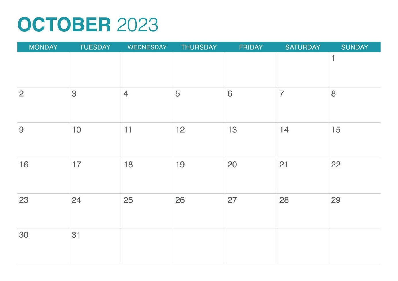 October calendar 2023 start on monday vector