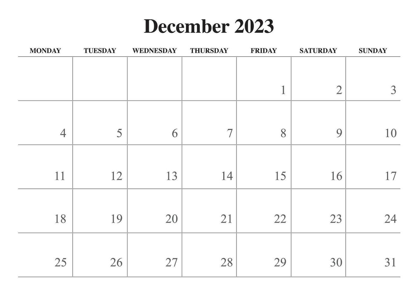 2023 December calendar simple black and white start on monday vector