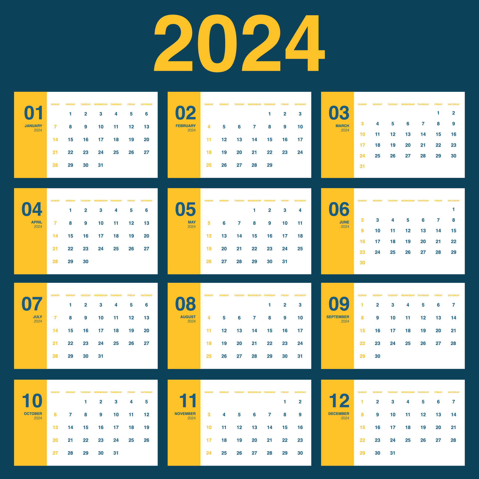 Monthly calendar 2024. Week Starts on Sunday 27159130 Vector Art at