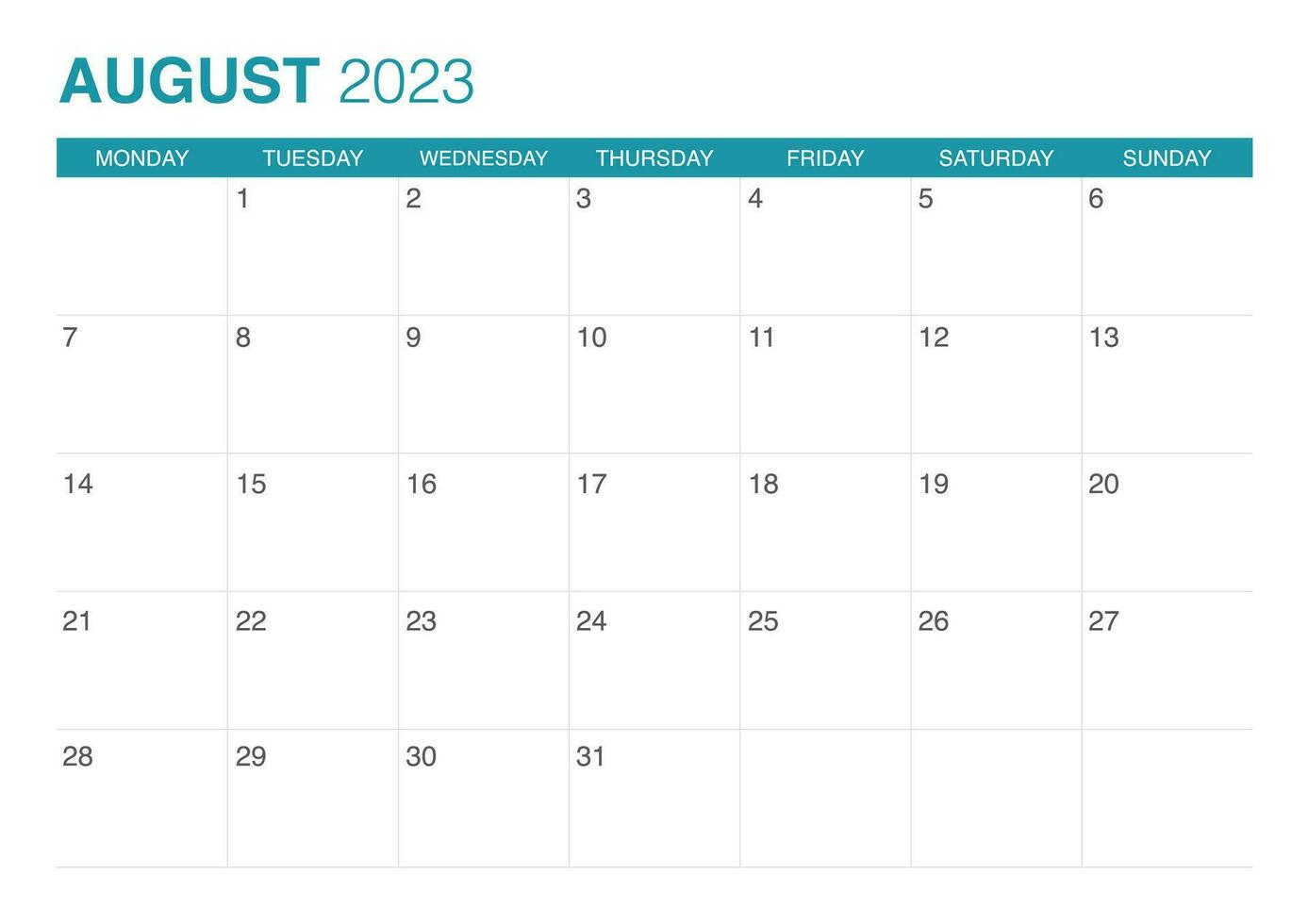 2023 august calendar start on monday vector