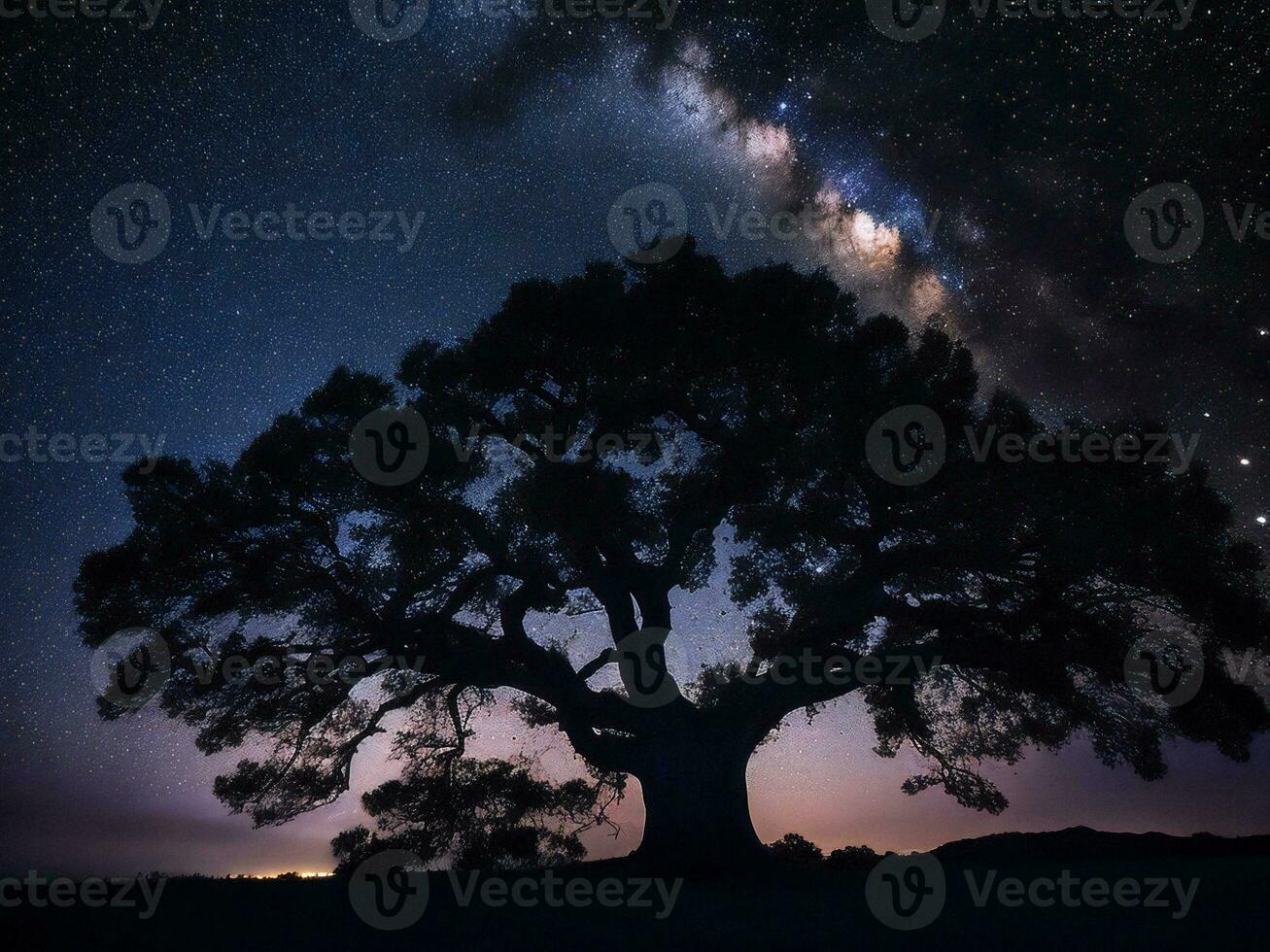 a majestic tree silhouetted against a backdrop of the vast night sky filled with stars ai generated photo